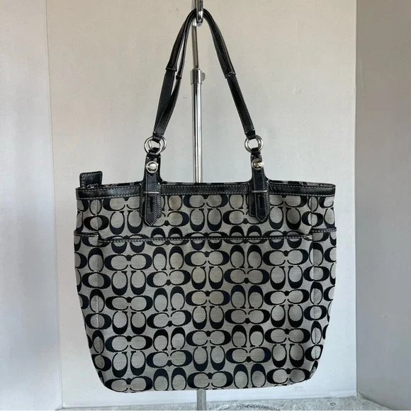 Coach Signature Canvas Leather Medium Tote Shoulder Bag Gray and Black Zip - Picture 5 of 15